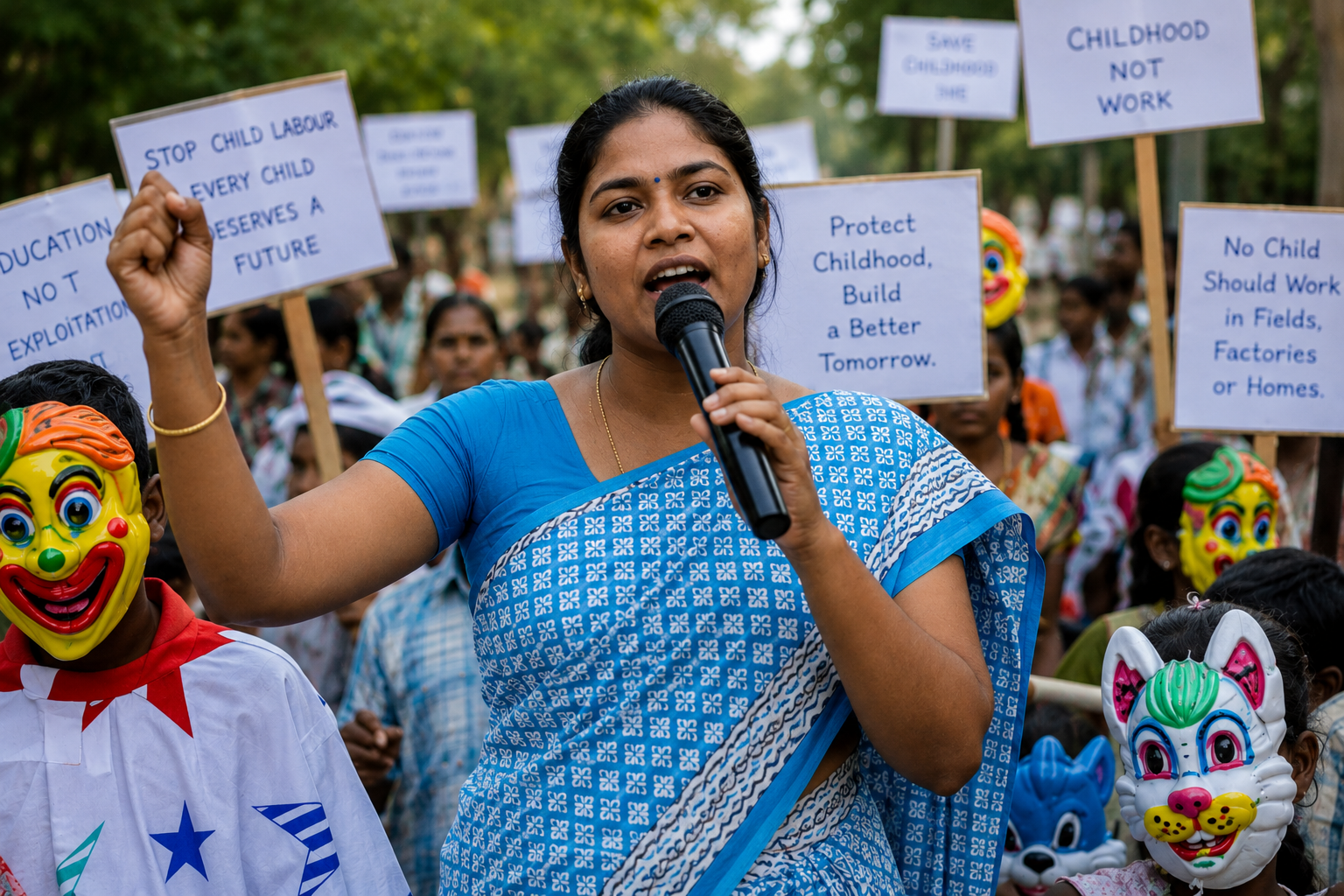 Women rights awareness rally with participants holding banners at a large open ground in Chennai, daytime, energetic crowd, colorful signage