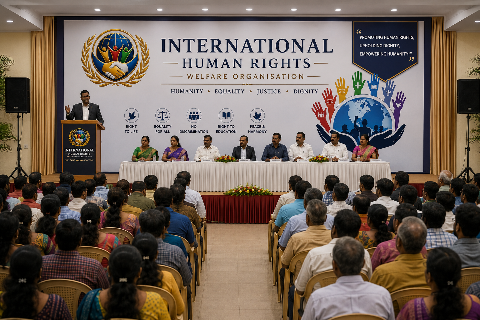 Large seminar hall filled with audience for human rights awareness event, stage with speakers and banner, Chennai venue, well-lit auditorium